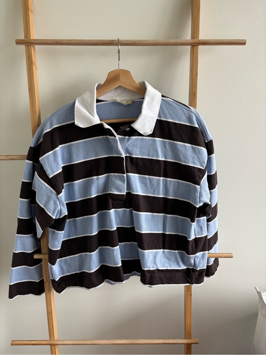 Madewell Tops - Madewell Women's Striped Rugby Polo in Light Blue & Black with White Collar